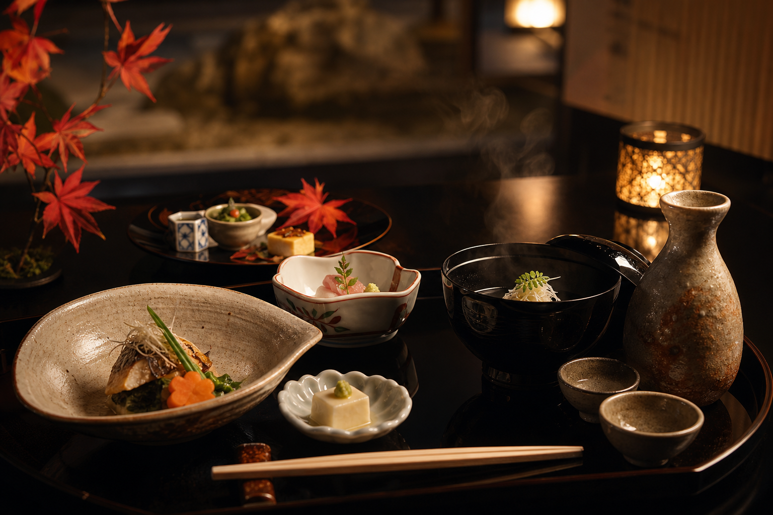 黒い漆盆に並ぶ季節の会席料理