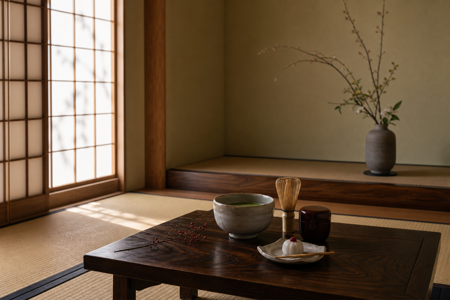 障子の光が入る茶室と抹茶